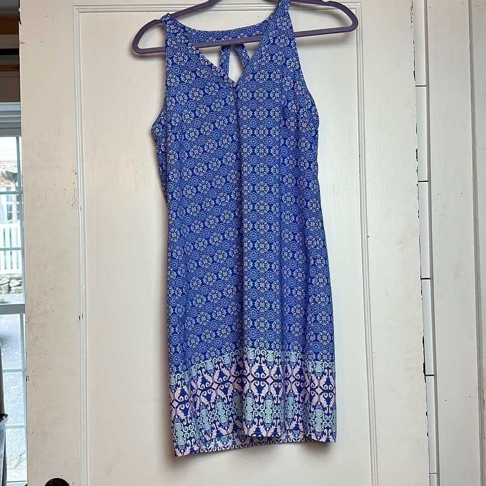 Skies Are Blue Blue Tile Print Shift Dress|Sleeveless KeyholeResort Teacher Chic
